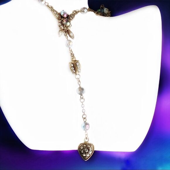 Vintage Kirk’s Folly AB Crystal floral heart pendant necklace 14” +2” extension - Picture 7 of 9